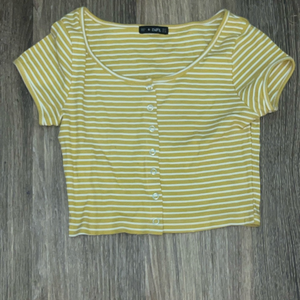 Zaful Mustard Striped Button-Up Crop Top